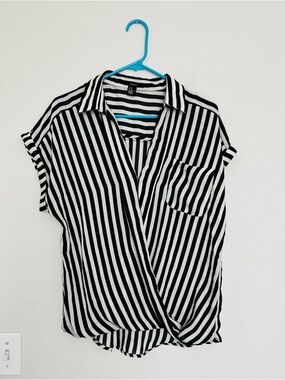 Forever 21 Black & White Striped Faux-Wrap Blouse